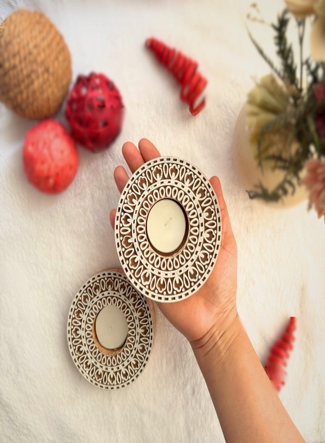 Goyoham - Pack of 2, Premium Wooden Candle Holders with Circular Mandala Pattern | White and Brown | Home Decor and Gifting - Image 4